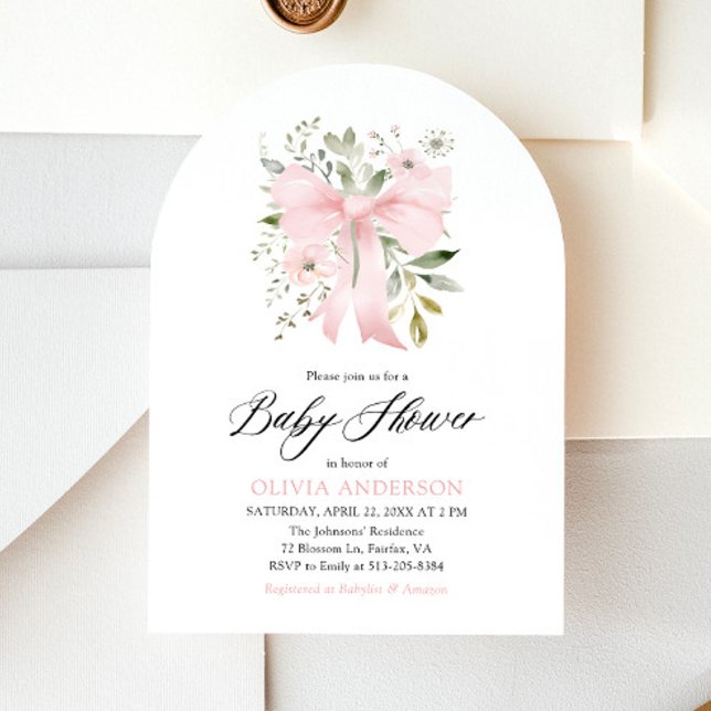 Rosa Bow Baby i Bloom Blommigt Girl Baby Shower Inbjudningar (Watercolor Blush Pink Bow Floral Girl Baby Shower Arched Invitation)