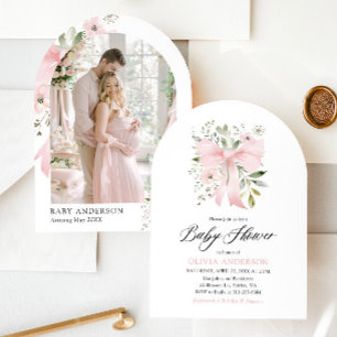 Rosa Bow Baby i Bloom Blommigt Girl Baby Shower Inbjudningar