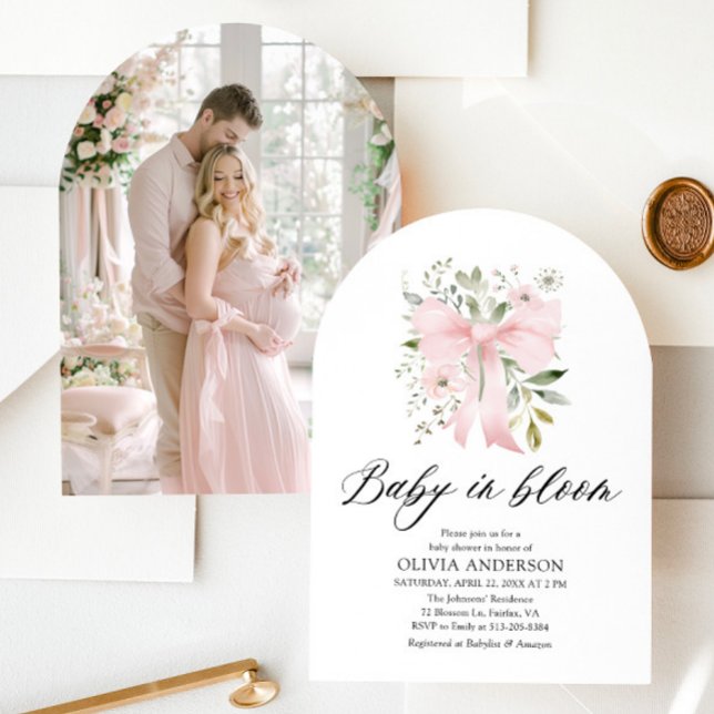 Rosa Bow Baby i Bloom Blommigt Girl Baby Shower Inbjudningar (Pink Bow Floral Baby in Bloom Girl Baby Shower Arched Invitation)