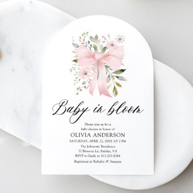 Rosa Bow Baby i Bloom Blommigt Girl Baby Shower Inbjudningar (Skapare uppladdad)