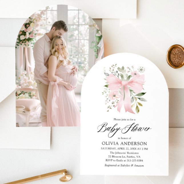 Rosa Bow Baby i Bloom Blommigt Girl Baby Shower Inbjudningar (Blush Pink Bow Floral Girl Baby Shower Arched Invitation)