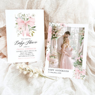 Rosa Bow Baby i Bloom Blommigt Girl Baby Shower Inbjudningar