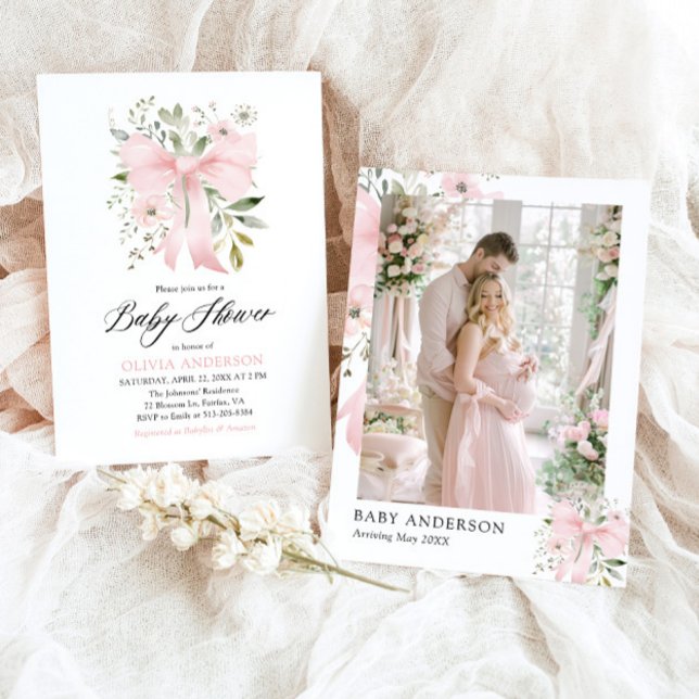 Rosa Bow Baby i Bloom Blommigt Girl Baby Shower Inbjudningar (Watercolor Blush Pink Bow Floral Girl Baby Shower Invitation)