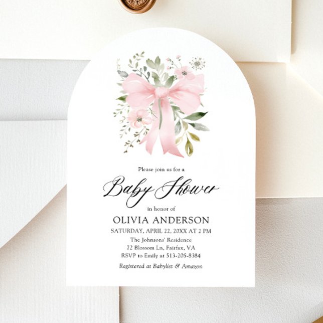 Rosa Bow Baby i Bloom Blommigt Girl Baby Shower Inbjudningar (Blush Pink Bow Floral Girl Baby Shower Arched Invitation)