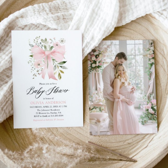 Rosa Bow Baby i Bloom Blommigt Girl Baby Shower Inbjudningar (Watercolor Blush Pink Bow Floral Girl Baby Shower Invitation)