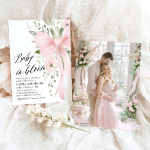 Rosa Bow Baby i Bloom Blommigt Girl Baby Shower Inbjudningar