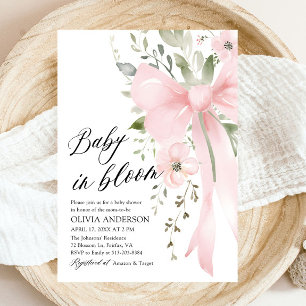Rosa Bow Baby i Bloom Blommigt Girl Baby Shower Inbjudningar