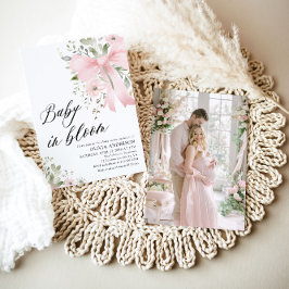 Rosa Bow Baby i Bloom Blommigt Girl Baby Shower Inbjudningar