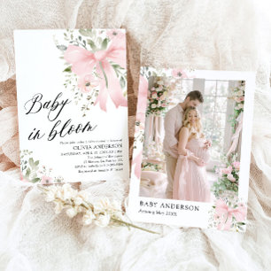 Rosa Bow Baby i Bloom Blommigt Girl Baby Shower Inbjudningar