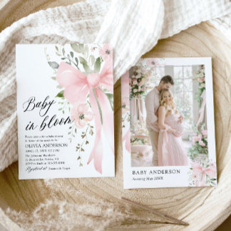 Rosa Bow Baby i Bloom Blommigt Girl Baby Shower Inbjudningar