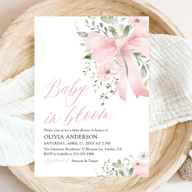 Rosa Bow Baby i Bloom Blommigt Girl Baby Shower Inbjudningar (Watercolor Pink Bow Baby in Bloom Floral Girl Baby Shower Invitation)