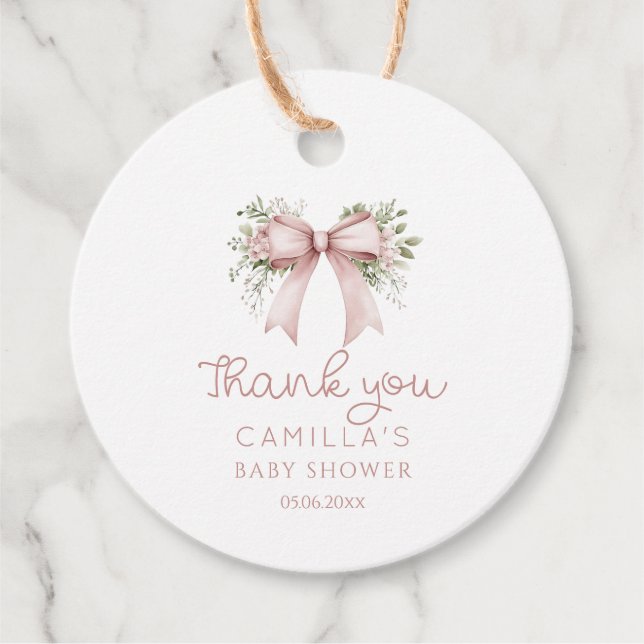 Rosa Bow Baby in Bloom Baby Shower Gåvor Etiketter (Framsida)