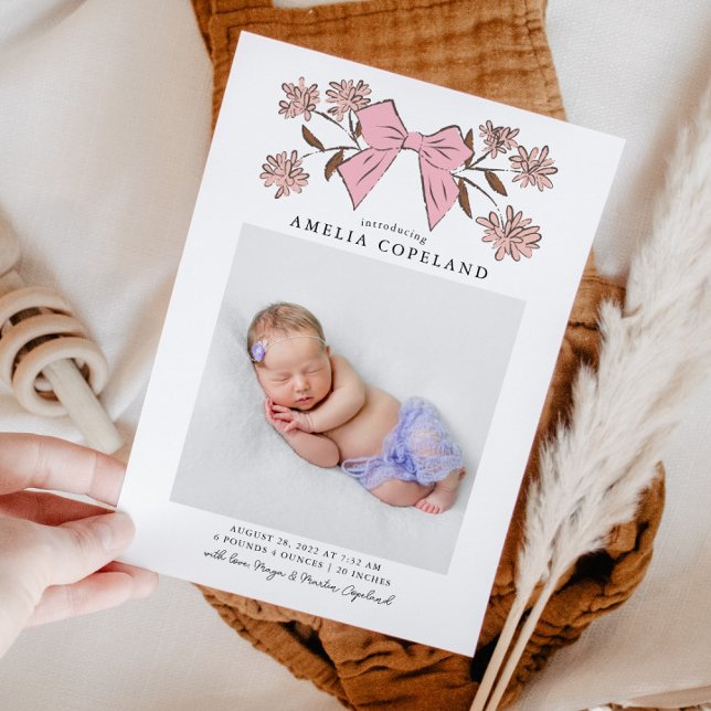 Rosa Bow Baby Photo Birth Notice Meddelande (Skapare uppladdad)