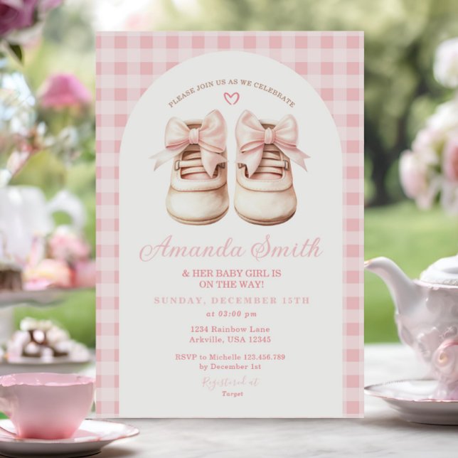  Rosa Bow Baby Shoes Gingham Arch Baby Shower Inbjudningar (Skapare uppladdad)
