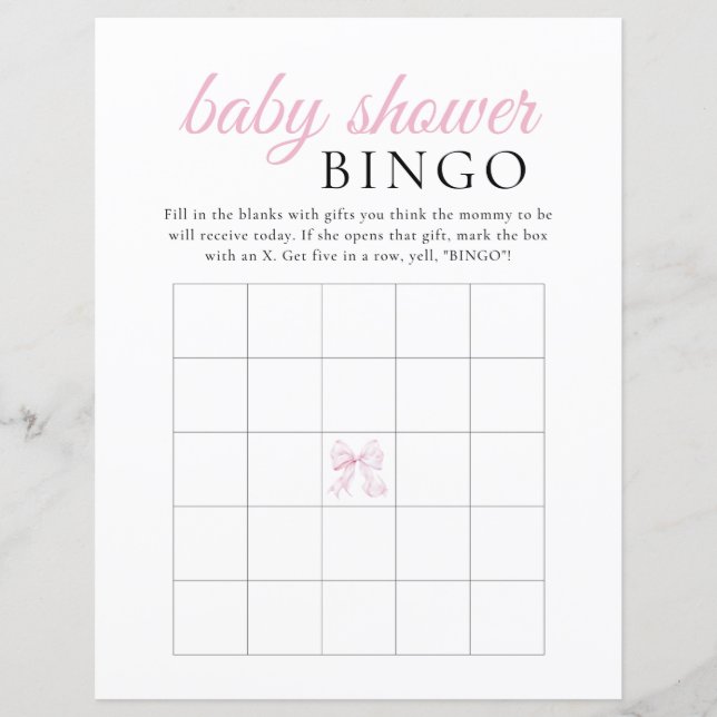Rosa Bow Baby Shower BINGO-spel (Framsida)