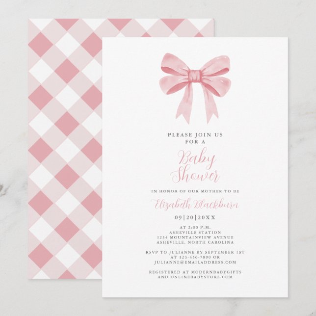 Rosa Bow Baby Shower Coquette Girl Elegant Gingham Inbjudningar (Fram/baksida)