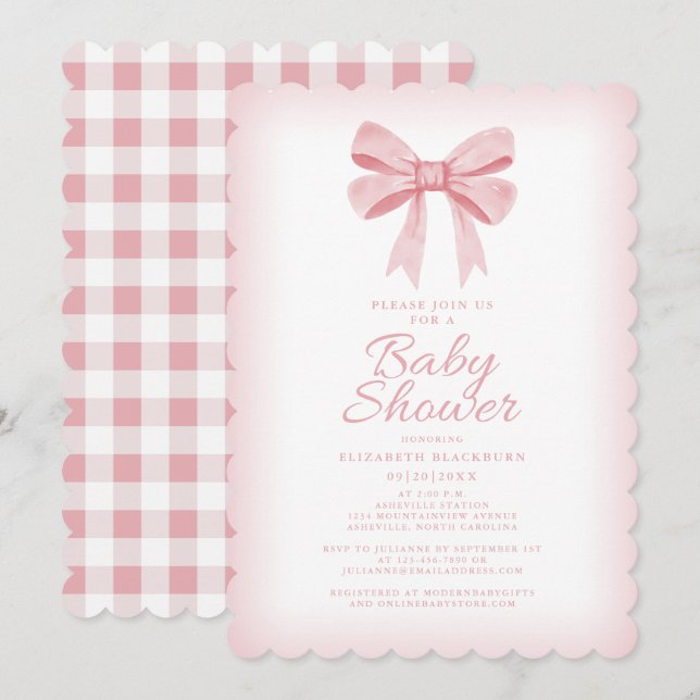 Rosa Bow Baby Shower Elegant Girly Gingham Check Inbjudningar (Fram/baksida)