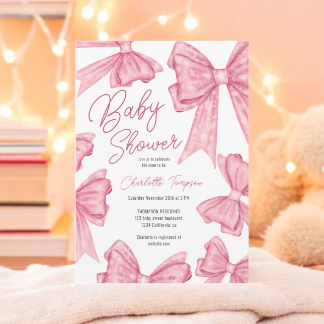 Rosa Bow Baby Shower för daglig julkokvett Inbjudningar (Cute Christmas Coquette Pink Bow Baby Shower Invitation)