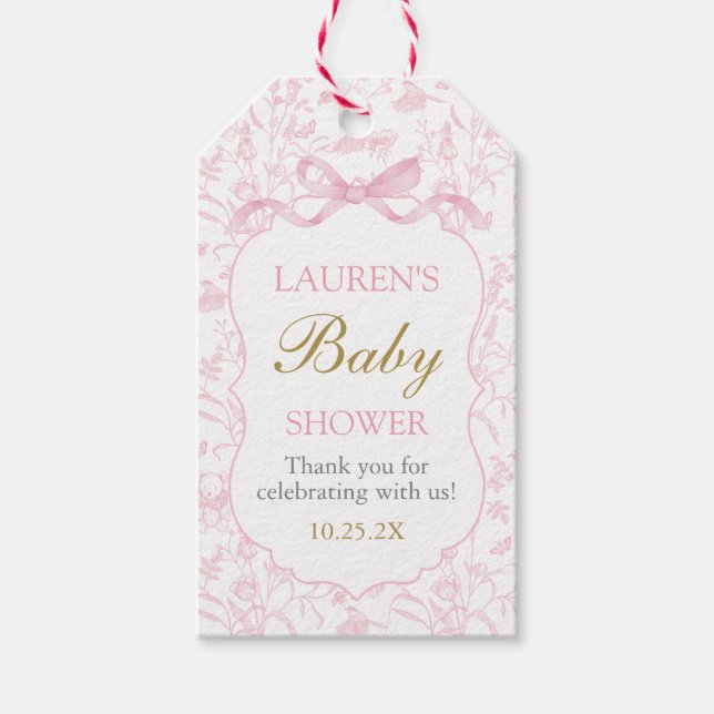 Rosa Bow Baby Shower Girl Girl Gift Märkre Presentetikett (Framsidan)
