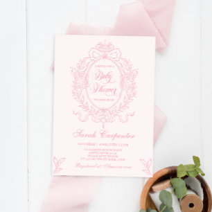 Rosa Bow Baby Shower Girl-inbjudan för Vintage av Inbjudningar