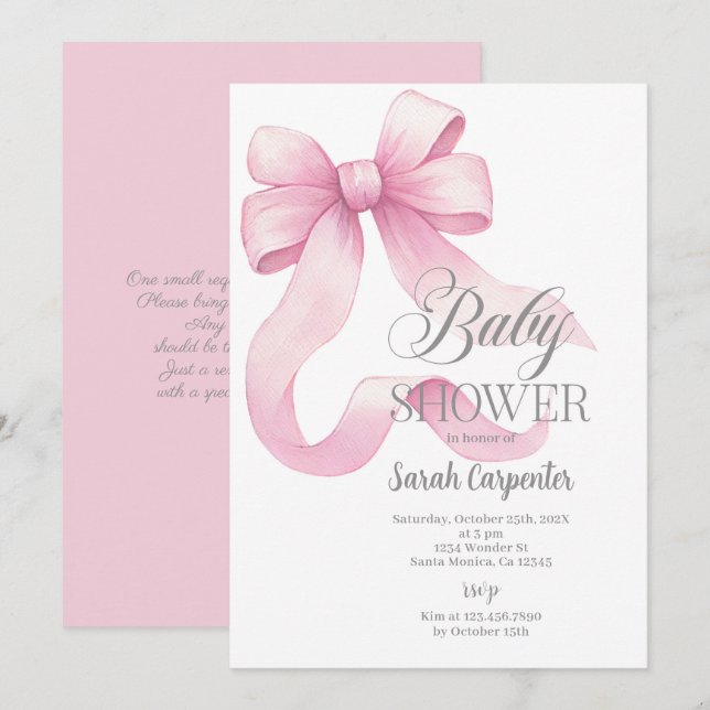 Rosa Bow Baby Shower Girl-inbjudan Inbjudningar (Fram/baksida)
