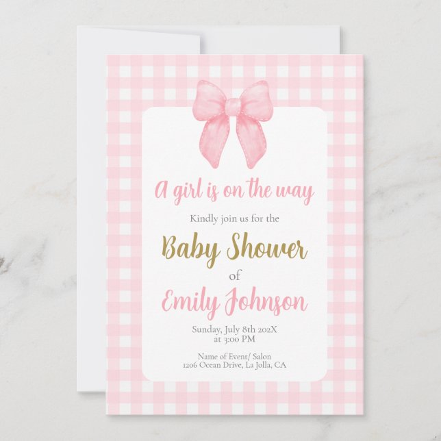Rosa Bow Baby Shower Girl-inbjudan Inbjudningar (Framsida)