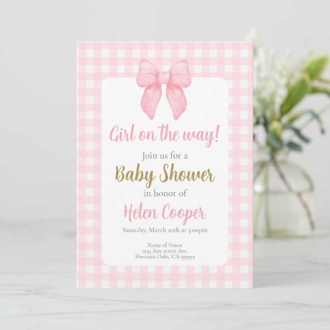 Rosa Bow Baby Shower Girl Inbjudningar (Stående Fram)