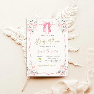 Rosa Bow Baby Shower Girl Inbjudningar