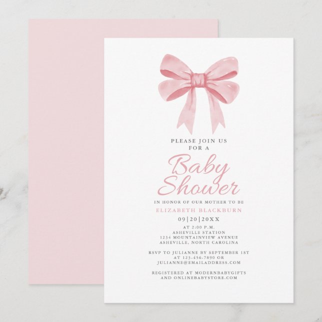 Rosa Bow Baby Shower Girly Coquette Elegant Pastel Inbjudningar (Fram/baksida)