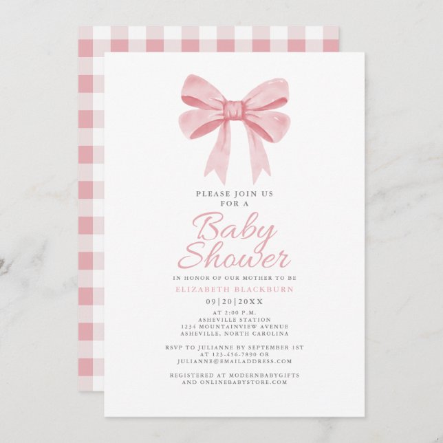 Rosa Bow Baby Shower Girly Coquette Gingham Check Inbjudningar (Fram/baksida)