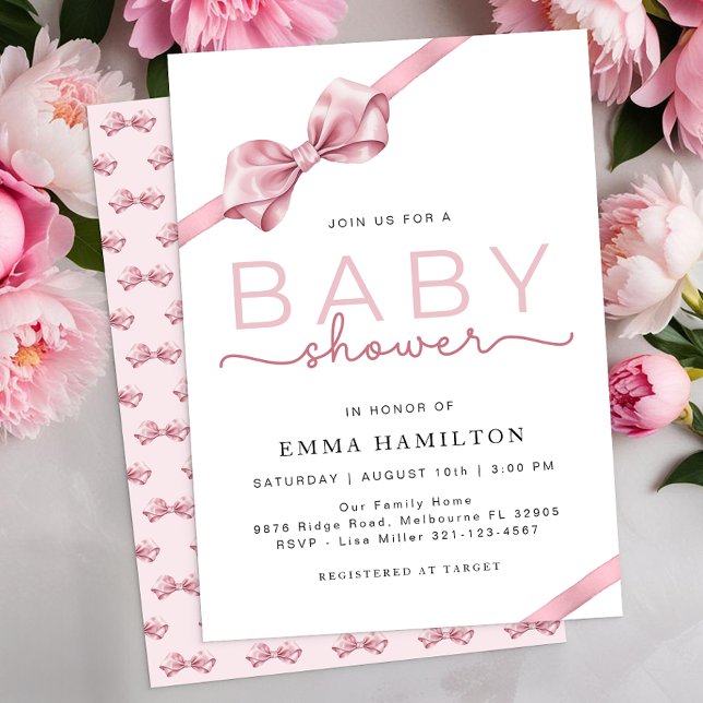  Rosa Bow Baby Shower-inbjudan - Elegant Co Inbjudningar (Baby Girl Shower Invite)