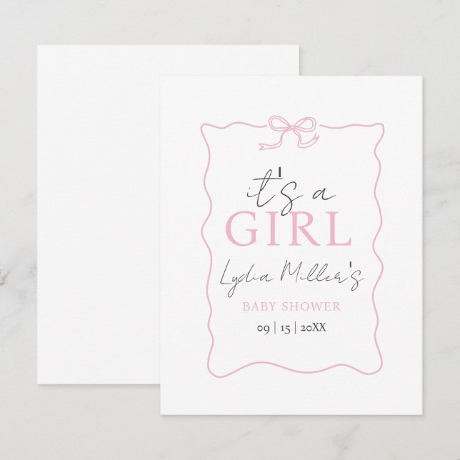 Rosa Bow Baby Shower-inbjudan, Girl Baby Shower (Fram/baksida)
