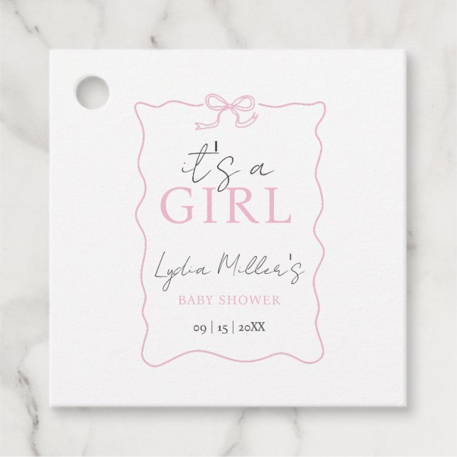 Rosa Bow Baby Shower-inbjudan, Girl Baby Shower Gåvor Etiketter (Framsida)
