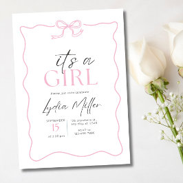 Rosa Bow Baby Shower-inbjudan, Girl Baby Shower Inbjudningar