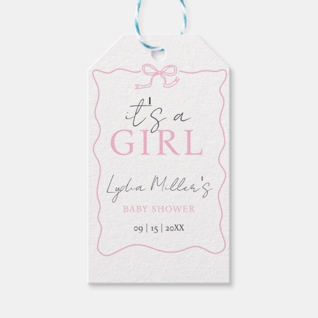 Rosa Bow Baby Shower-inbjudan, Girl Baby Shower Presentetikett (Framsidan)