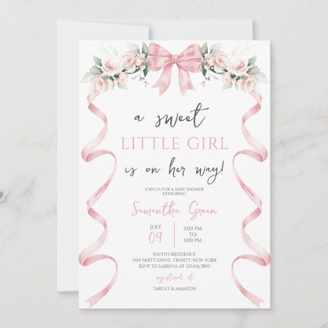 Rosa Bow Baby Shower Inbjudningar (Framsida)