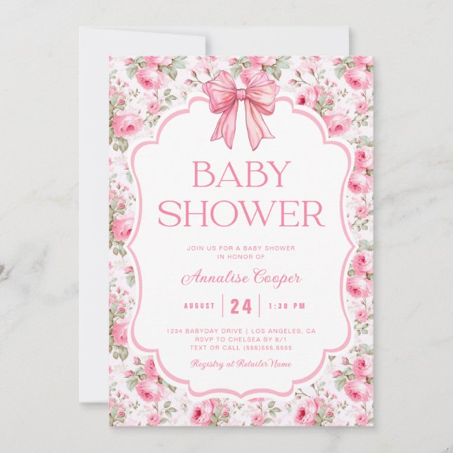 Rosa Bow Baby Shower Inbjudningar (Framsida)