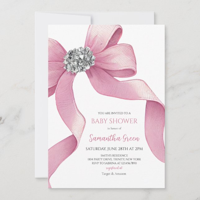 Rosa Bow Baby Shower Inbjudningar (Framsida)
