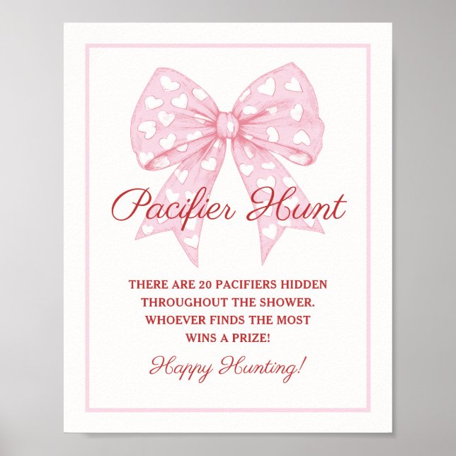Rosa Bow Baby Shower Nappar Hunt Game Poster (Framsidan)