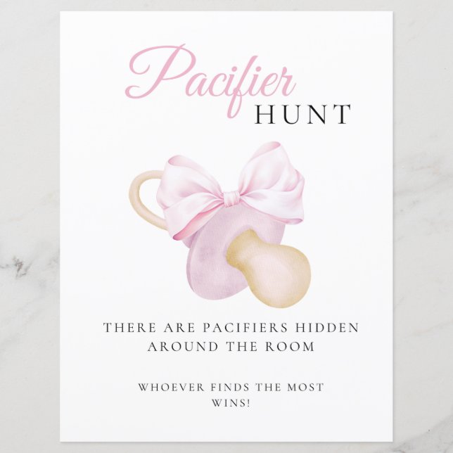 Rosa Bow Baby Shower Nappar Hunt Game Sign (Framsida)