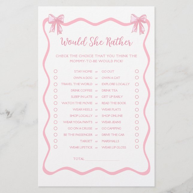 Rosa Bow Baby Shower, skulle hon hellre spela? (Framsida)