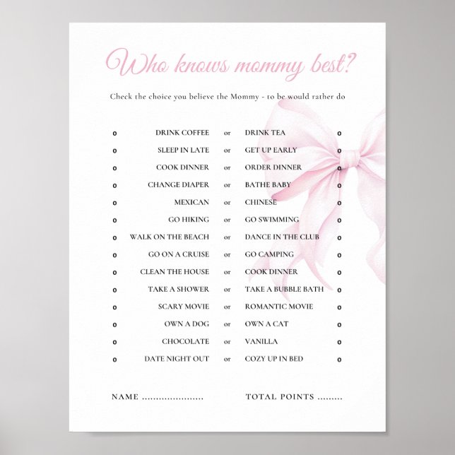 Rosa Bow Baby Shower som känner Mammans bästa spel Poster (Framsidan)
