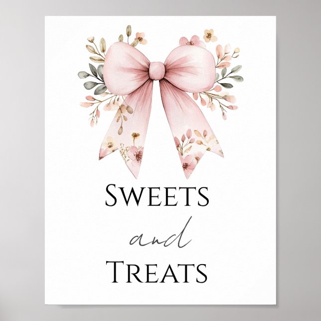Rosa Bow Baby Shower Sweets and Treats Party Sign Poster (Framsidan)