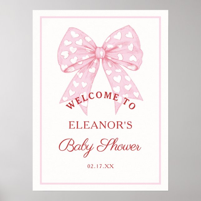 Rosa Bow Baby Shower Välkommen Poster (Framsidan)