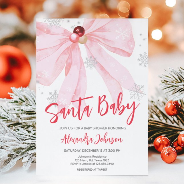 Rosa Bow-babyskor för jul Inbjudningar (Pink Bow Christmas Santa Baby Baby Shower Invitation)