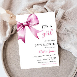 Rosa Bow-bandet Babykläder Shower Det är en flicka Inbjudningar