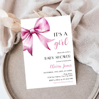 Rosa Bow-bandet Babykläder Shower Det är en flicka Inbjudningar