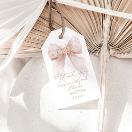 Rosa Bow Baptism Tack Presentetikett
