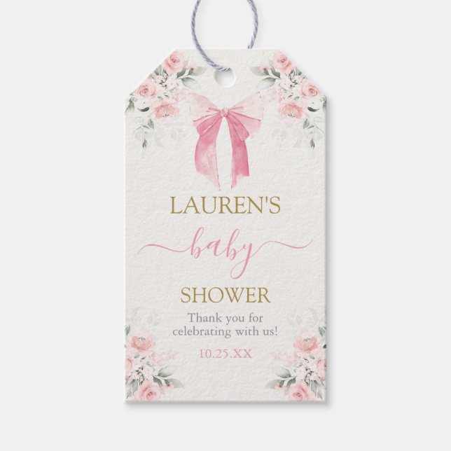 Rosa Bow Bear Baby Shower Girl Gift Märkre Presentetikett (Framsidan)