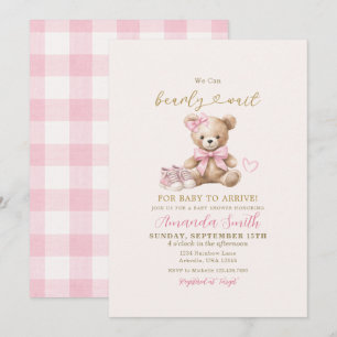 Rosa Bow Bear Vi kan knappt vänta Baby Baby Shower Inbjudningar